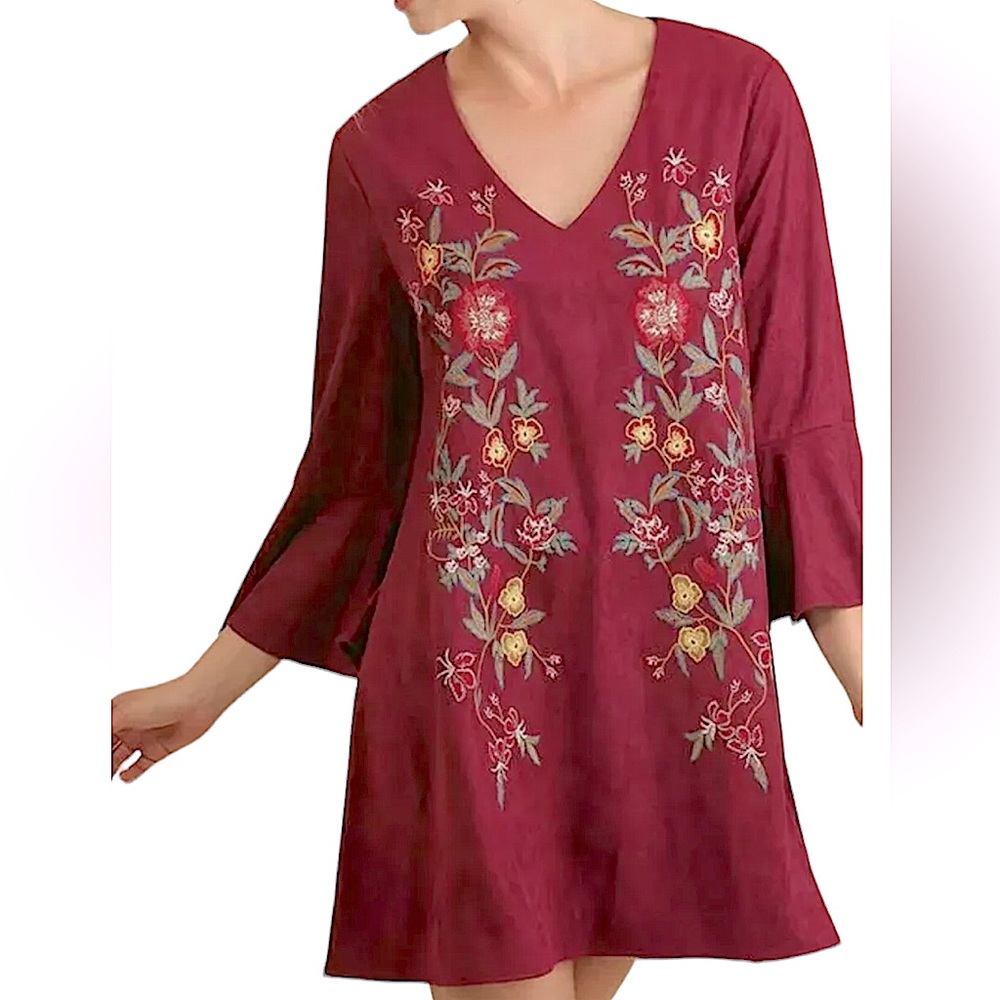Altar’d State Maroon & Floral Shift Mini Dress with 3/4 Bell Sleeve Size XS